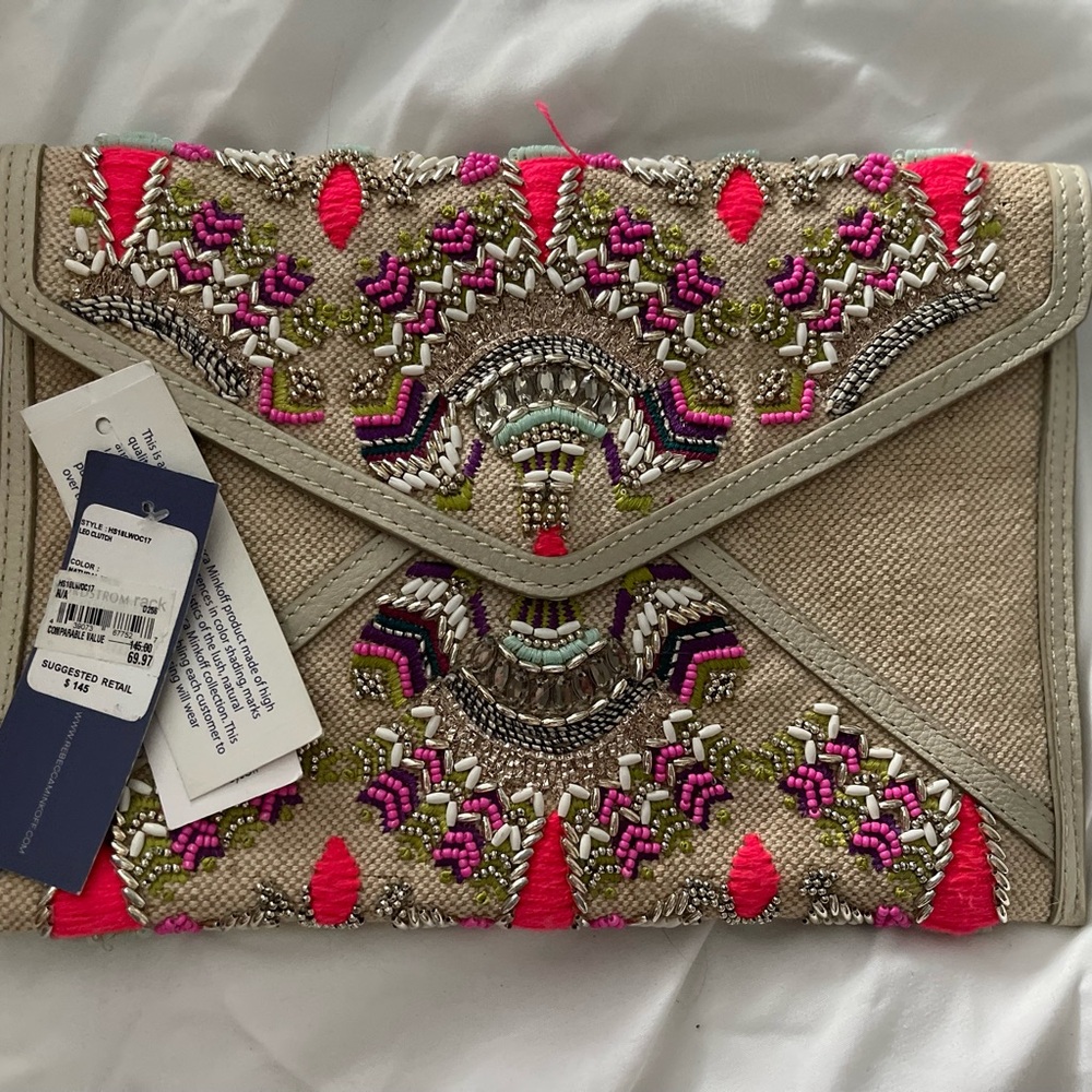 Rebecca Minkoff Embroidered Clutch with Pink and Green Accents